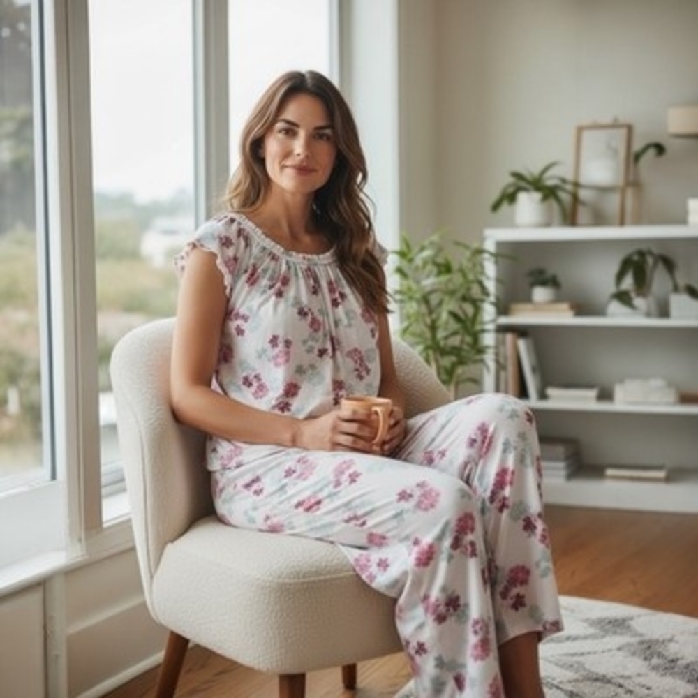 Women Sleepwear EARTH ANGELS PJ Set Pink Grey Floral Print Top Pants Pajama Set